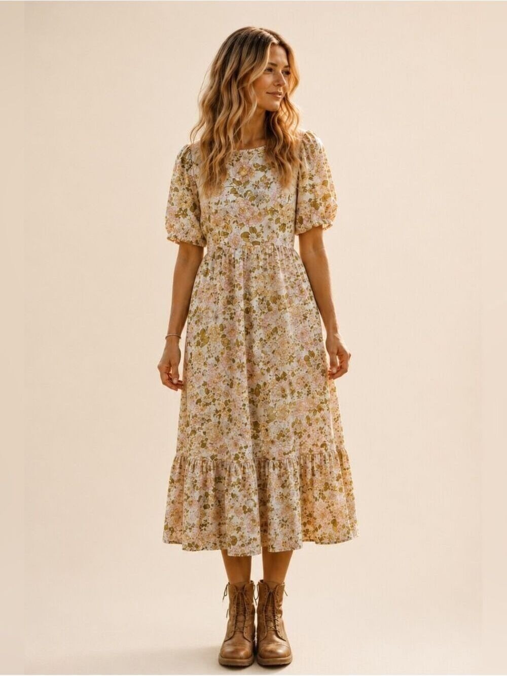 WHO WHAT WEAR FLORAL BISHOP SLEEVE TIE-BACK PRAIRIE COTTAGECORE MIDI DRESS SMALL